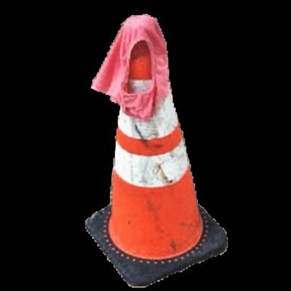 Traffic cone wearing a pink rag